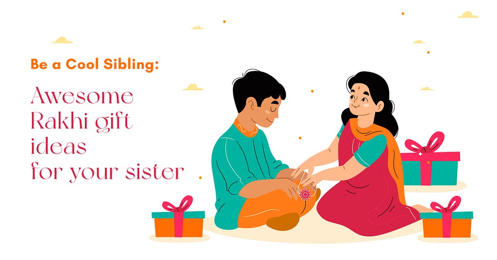 sister tying rakhi to his brother with gifts in the background