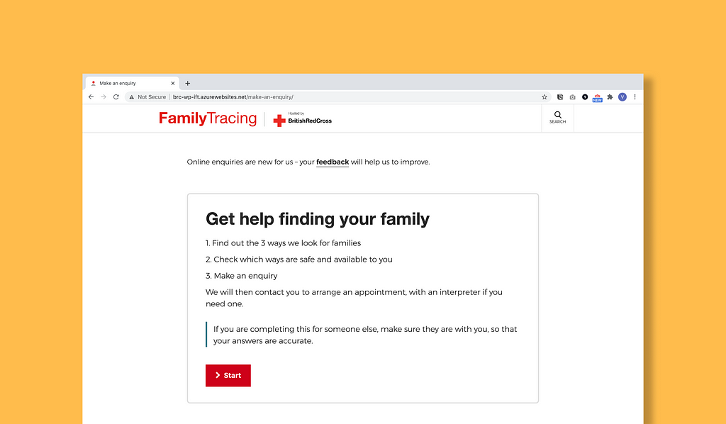 Screenshot of a red cross website where you can Get Help finding your family