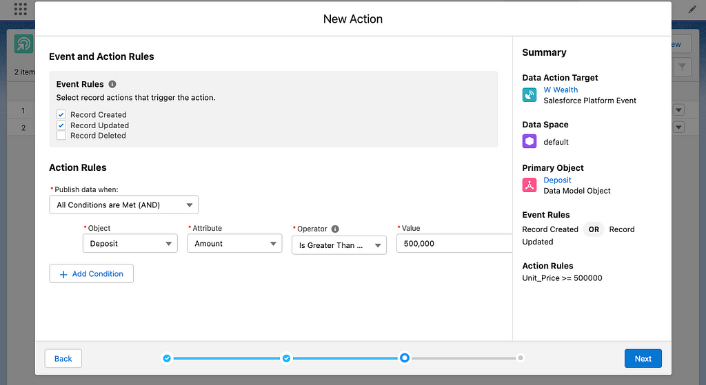 Event and Action Rules screen in Salesforce Data Cloud