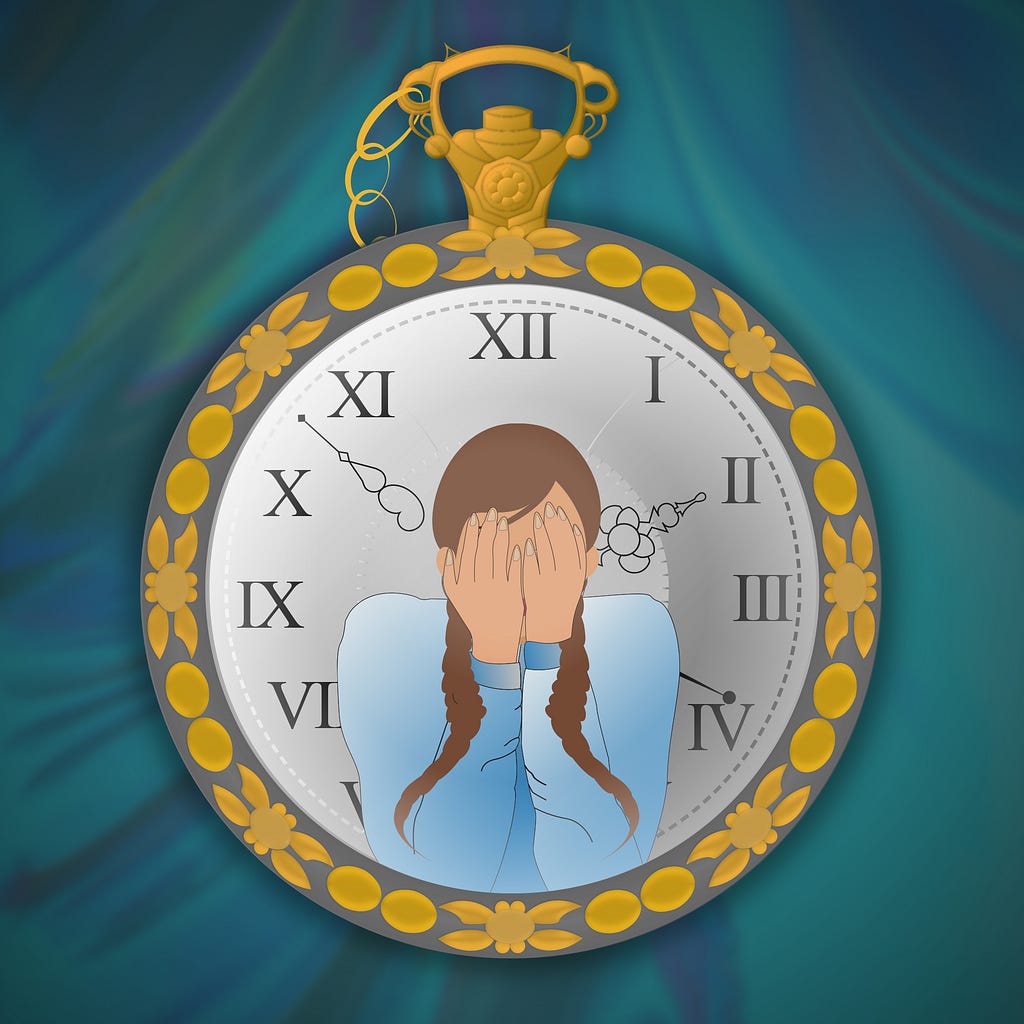 A vortex of blue shades containing an antique silver-gold stopwatch with a girl stuck inside.