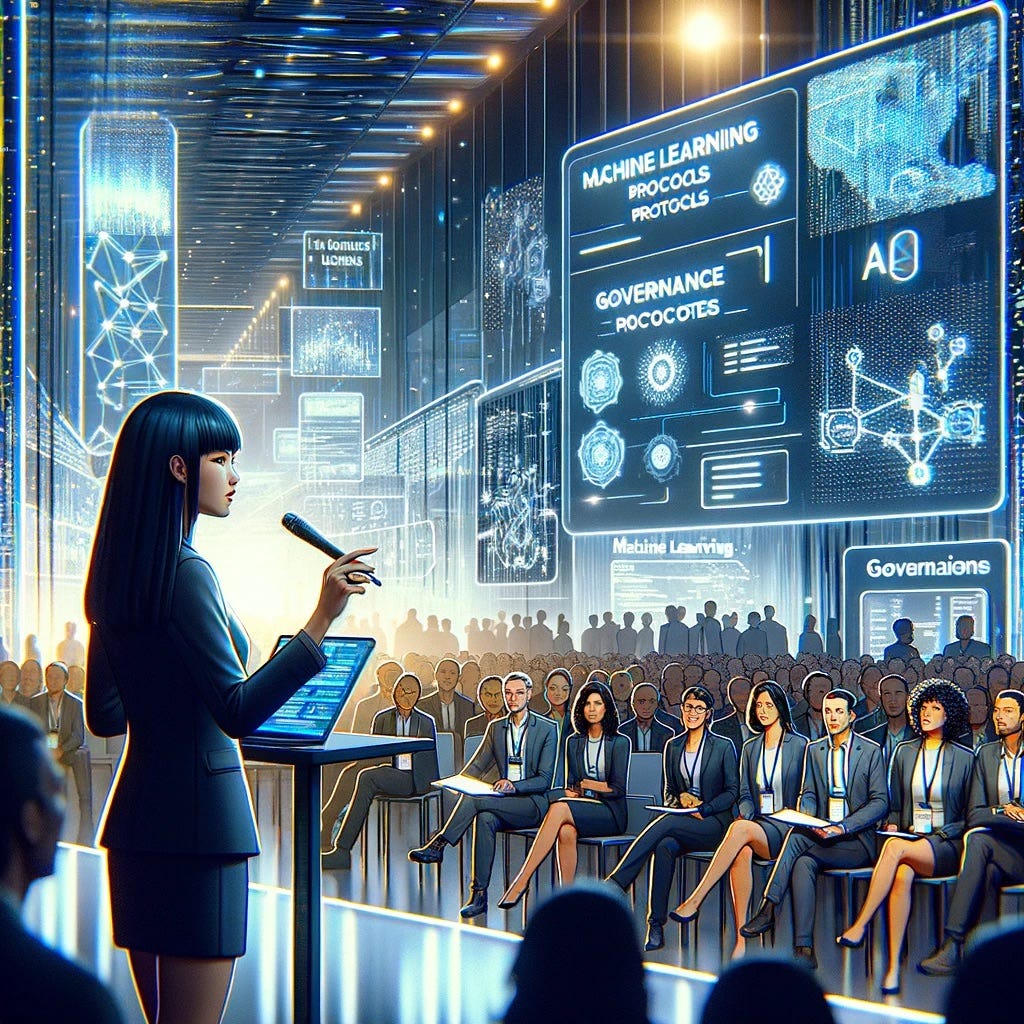 Illustrate a tech conference scene in a futuristic setting. The scene is filled with innovative displays and a diverse group of attendees. A woman, Valeria, with medium-length black hair and an Asian descent, stands out as she presents on machine learning protocols with confidence and clarity, her eyes alight with passion. The backdrop is full of gleaming lights, chrome surfaces, and advanced technology exhibits. In the crowd, a man, James, with short curly hair and Hispanic descent… Image 2