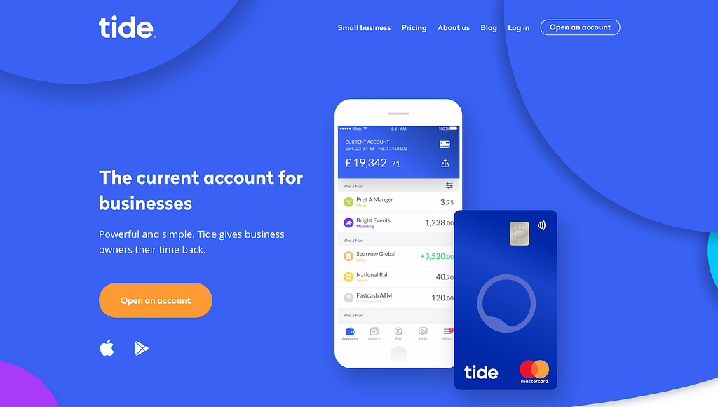 The website for Tide, a bank for businesses, using a blue aesthetic.