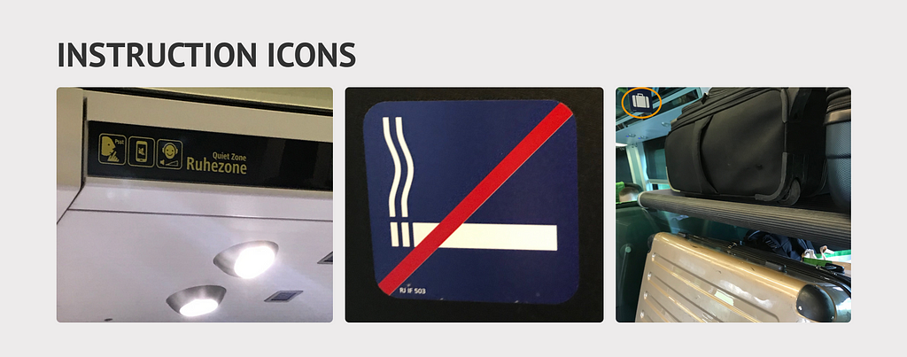 Quiet Zone, no smoking, and luggage area icons on the train.