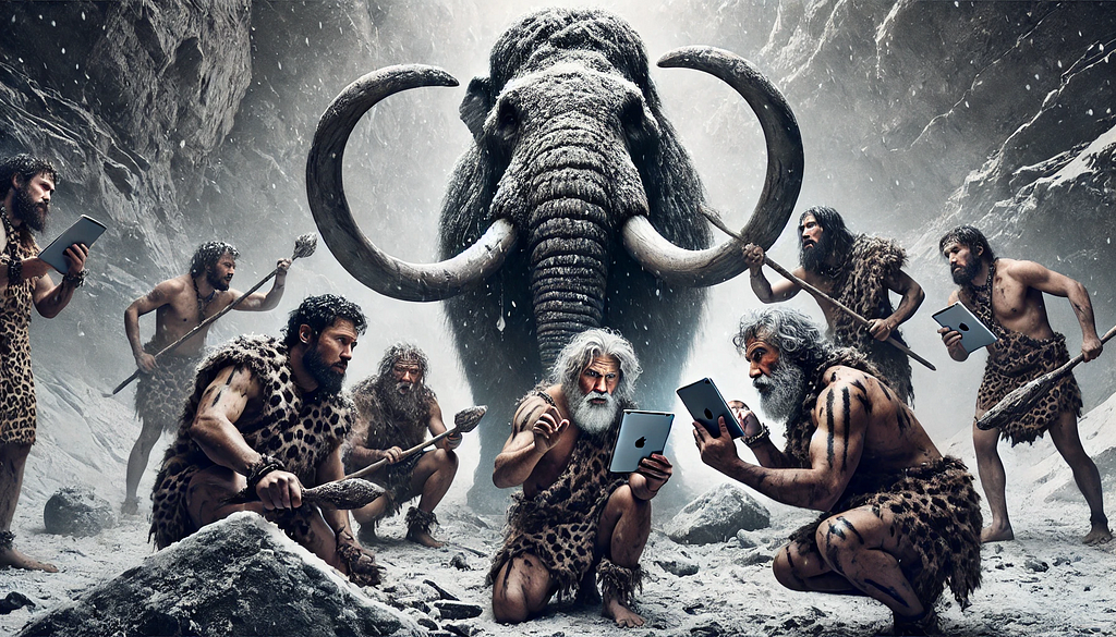 Cavemen and a massive mammoth, holding and looking at digital tablets instead of attacking, in a cold, harsh, grey and black environment with a grungy, natural, and rugged vibe.