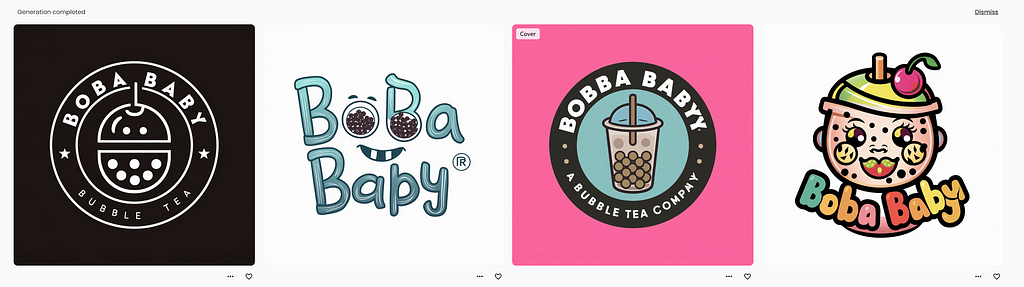 Screenshot of four versions of Ideogram’s text-to-image generation for the prompt “A logo for a bubble tea company called “Boba Baby””.