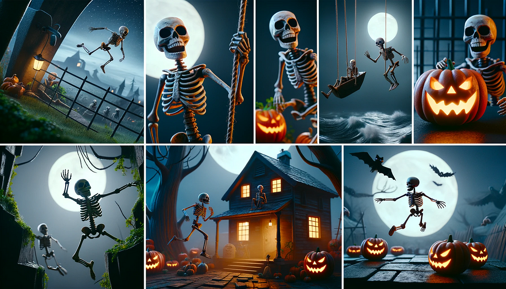 Cinematic horizontal snapshot sheet of a highly detailed skeleton character in adventurous and spooky scenarios for Halloween. The skeleton is seen escaping from a haunted house, swinging on a rope over a pit, surprising someone with a ‘BOO!’, and dancing under the moonlight with a pumpkin. Each scene has a comedic touch, and the skeleton’s features remain consistent, blending realism with a touch of movie magic.