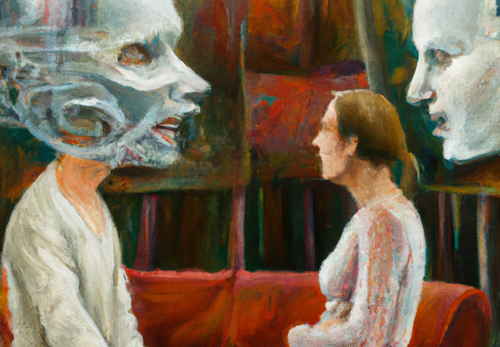 An oil painting of a woman talking with more-than-human entity. On the background is a more-than human avatar presented on a display. This image was generated with the assistance of AI.