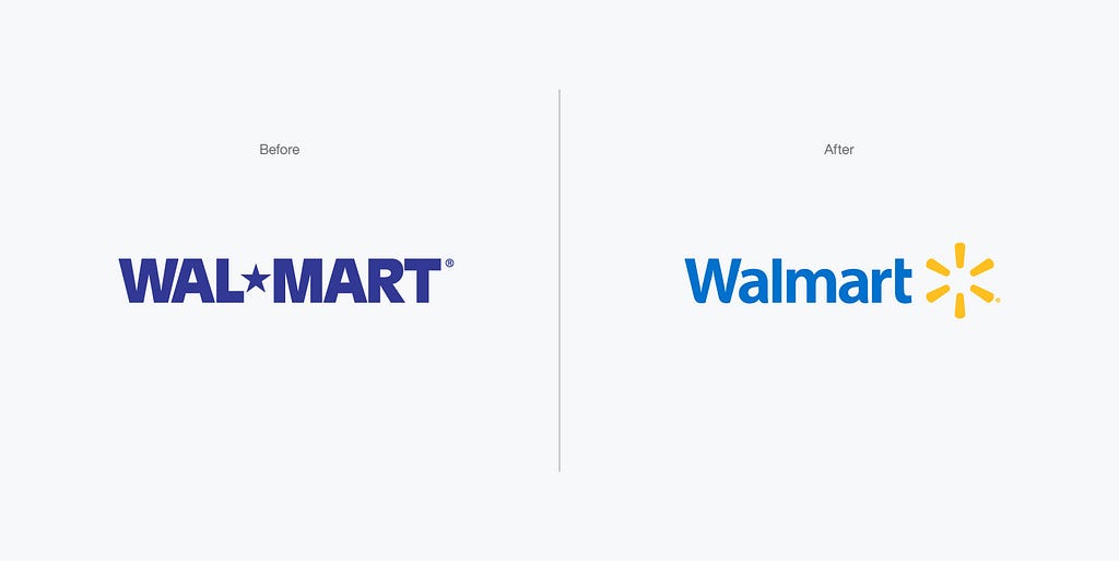 Walmart logos before and after, rebranding reference