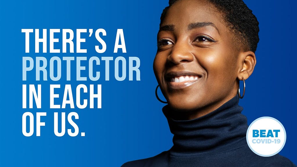 Campaign image that reads there’s a protector in each of us with the call-to-action of beat covid 19