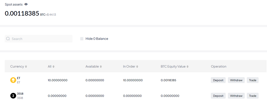 My current ET coin balance on superex exchange