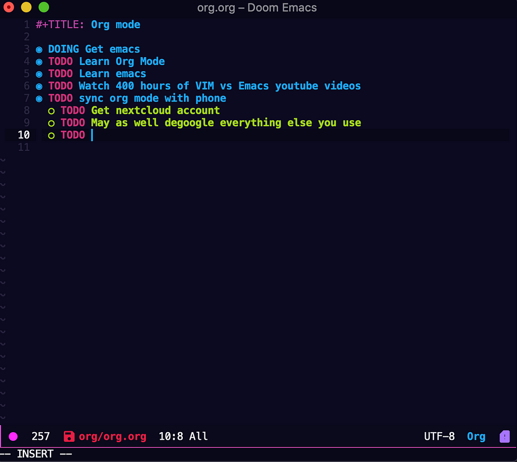 Screenshot of emacs orgmode