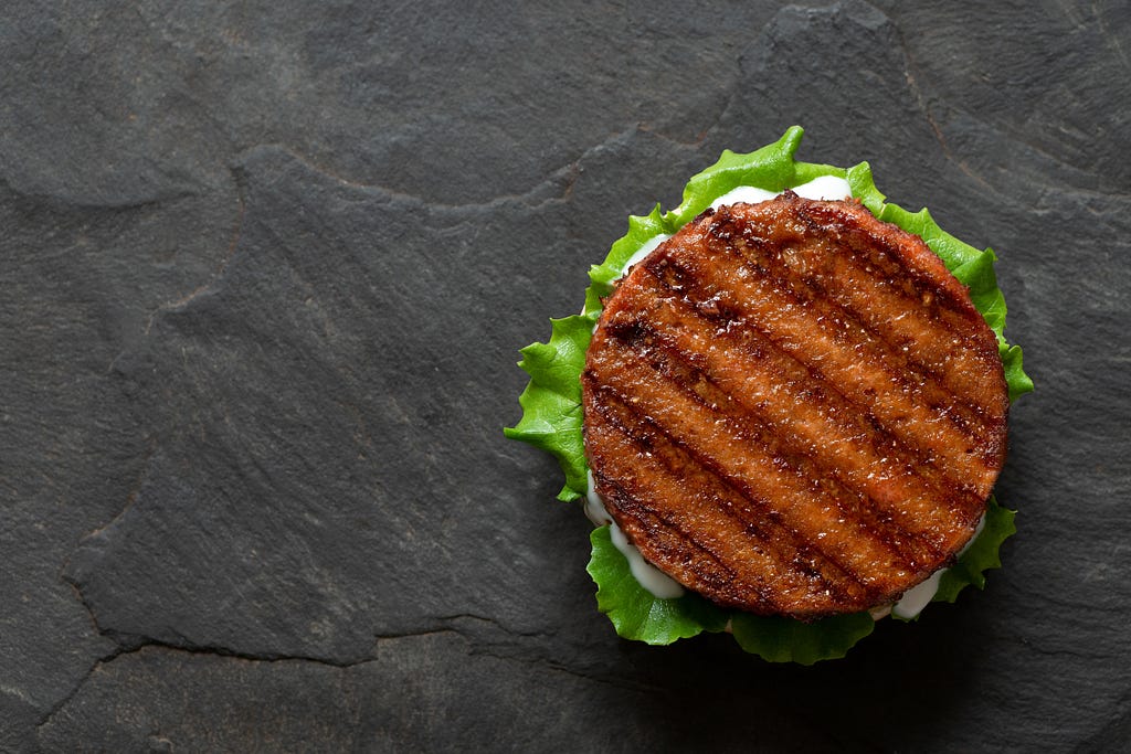 A plant-based hamburger patty on a stone background.