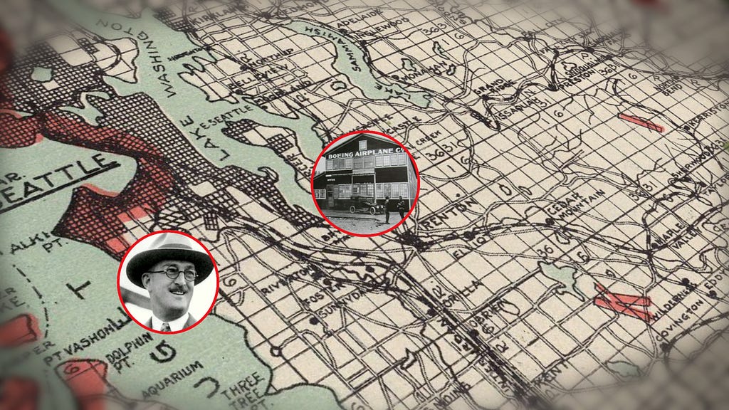 A 1920s map of Seattle with images of William Boeing and Boeing Plant №1 highlighted