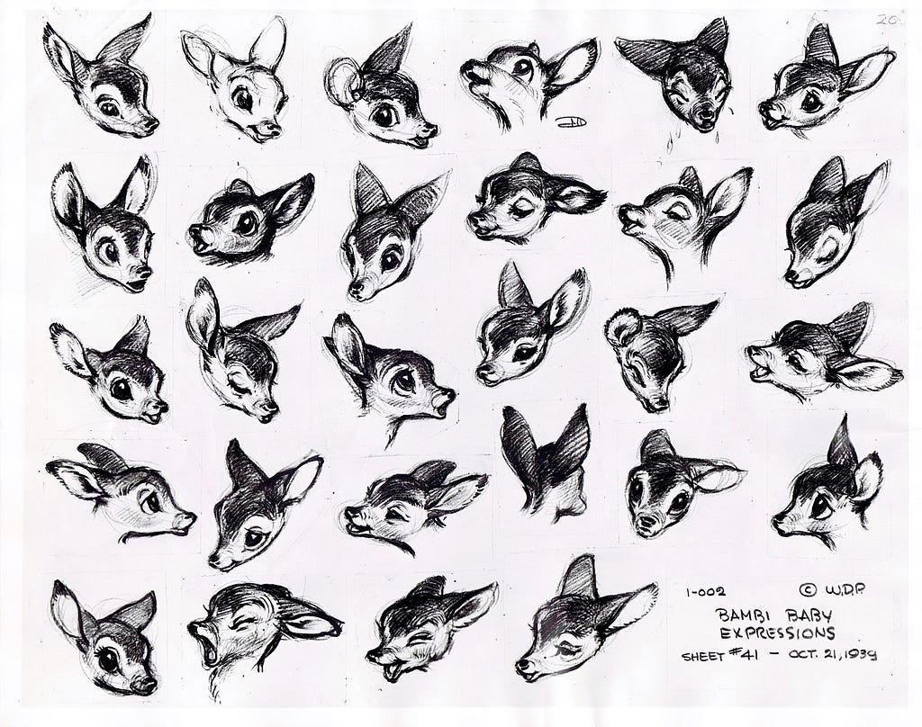 Dozens of sketches of Bambi’s face making various babylike expressions