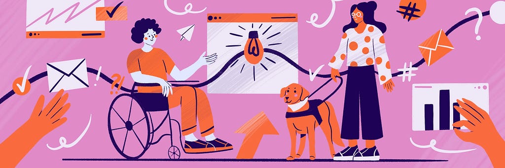 A picture of two use cases of accessibility, one man to the far left on a wheel chair and a woman, holding a dog for mobility-related or immune response tasks