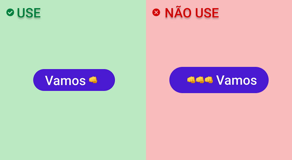 Imagem dividida ao meio, verticalmente, entre uma parte verde, à esquerda, com o título “Use”, e uma parte vermelha, à direita, com o título “Não use”. Na parte “Use”, há um botão com a palavra “Vamos” e, em seguida, um emoji com punho fechado. Na parte vermelha, há um botão com três emoji de punhos fechados e, em seguida, a palavra "Vamos".