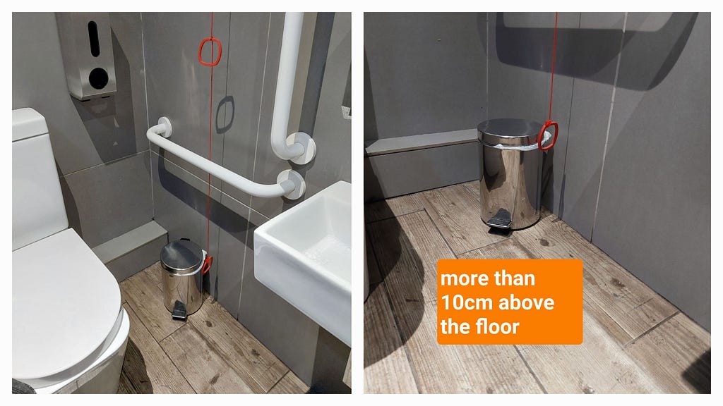 two images of the emergency pull cord in the accessible toilet upstairs, by the restaurant and function rooms. The cord is hanging freely but the bottom handle is too far from the ground. A small bin has been placed next to it for scale. However, there is a correct handle at toilet height.