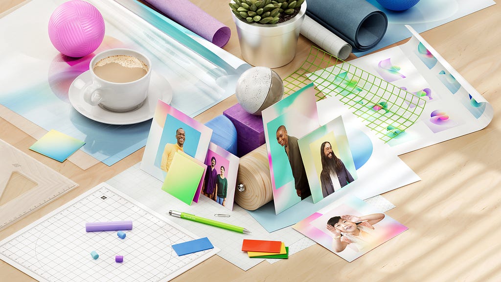 For the header image, illustrator Anthony Dart created a 3D rendered environment. A coffee cup, graph paper, photographs, and miscellaneous office items are artfully arranged on a desk.