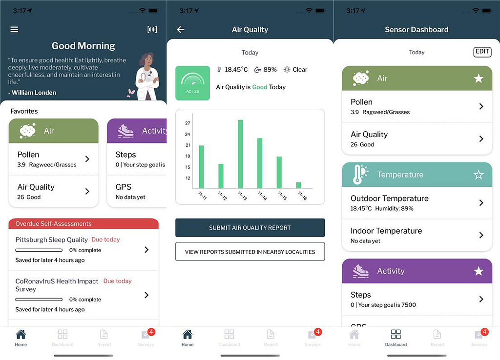 An image shows the interface of a mobile application that reports health information like sleep and air quality.