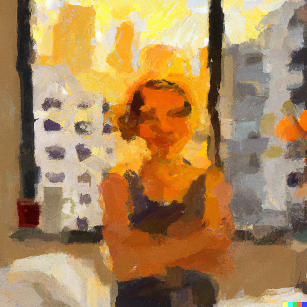AI generated image of a human figure, arms crossed, sitting in bed in front of their window with skyscrapers in the distance. Sunset-in-fall color pallet (browns, yellows, greys). The image mimics impressionist paintings and abstracts the figures into painterly blobs that melt into each other.