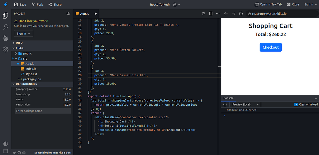 calculate the total amount of products in the shopping cart using reduce().