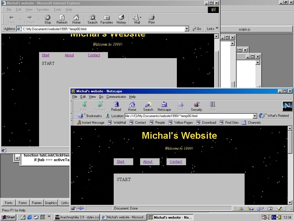 Screenshot of Windows 98 with Internet Explorer and Netscape Navigator opened — shows difference in appling margins.