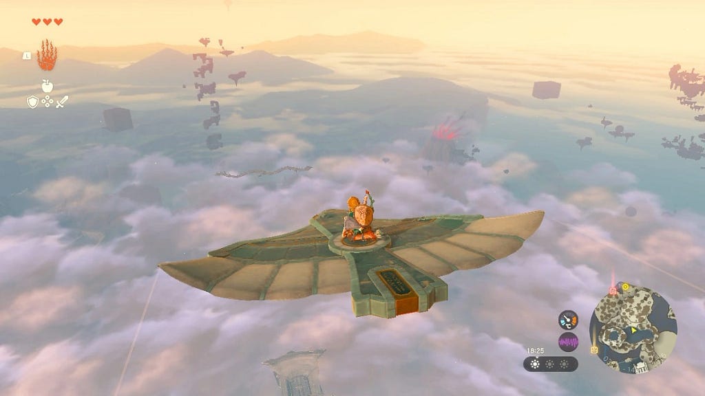 Legend of Zelda protagonist (Link) shown atop a flying device in the sky.