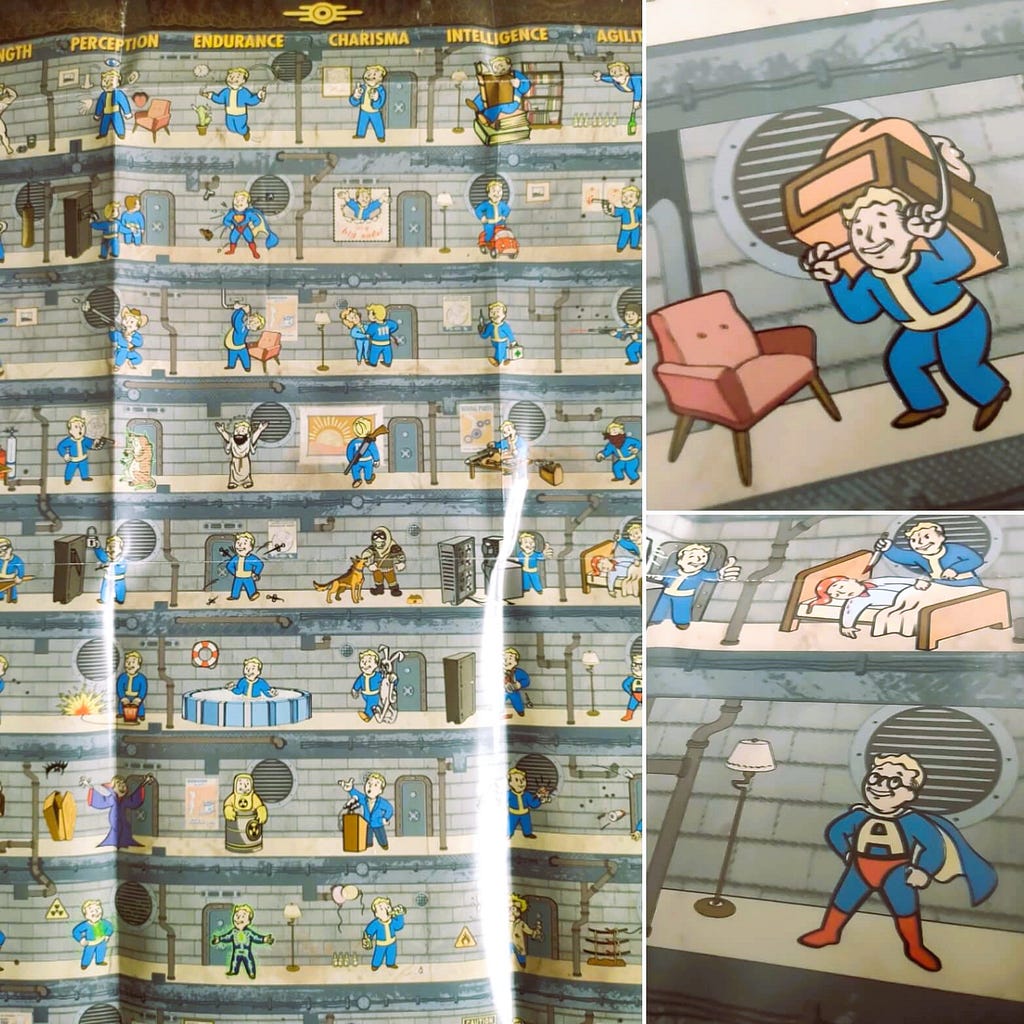 A collage of various photographs taken of the Fallout 4 perk chart