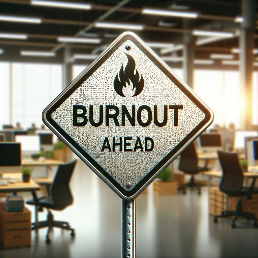 A road sign in the foreground with the words “Burnout Ahead” in bold, clear letters. The background features a blurred image of an office or workspace, with desks, computers, and office chairs slightly visible but out of focus to emphasize the sign