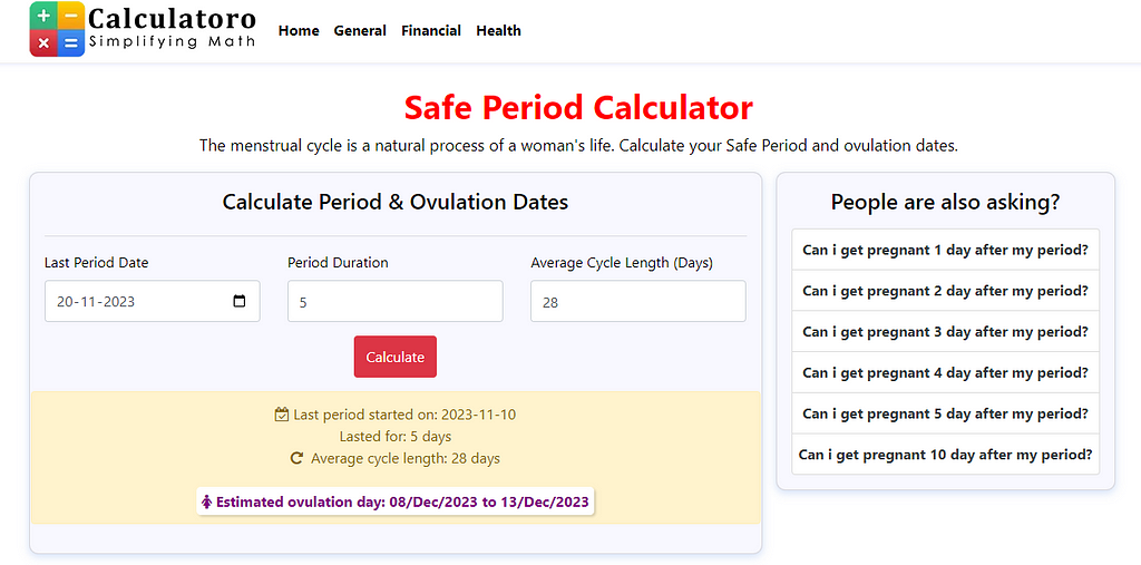 Safe Period Calculator