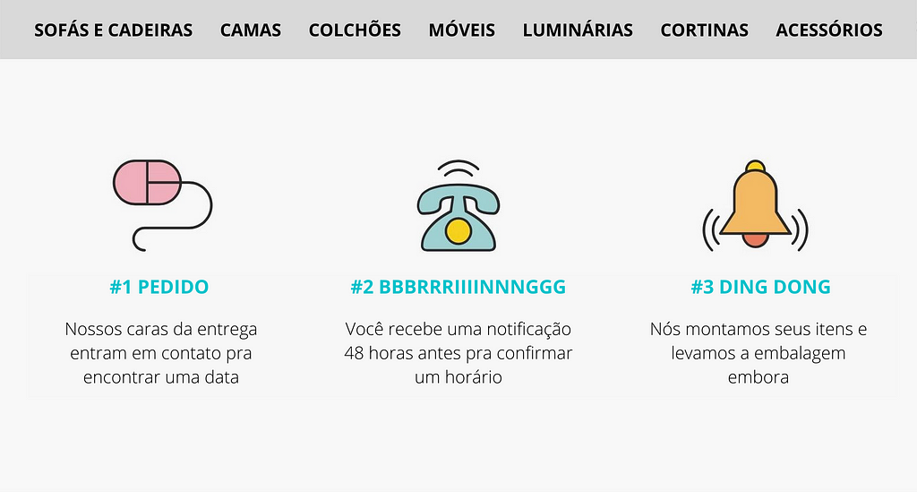 Página de uma loja de móveis mostrando o passo a passo para contratar seus serviços, juntando o útil (conteúdo UX) à oferta de serviço (conteúdo de marketing).