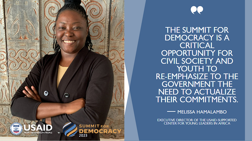 A woman on the left paired with this quote on the right: “The Summit for Democracy is a critical opportunity for civil society and youth to re-emphasize to the government the need to actualize their commitments.”
