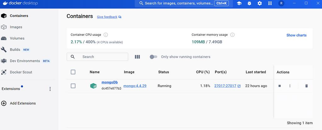 MongoDB container running on the docker desktop application