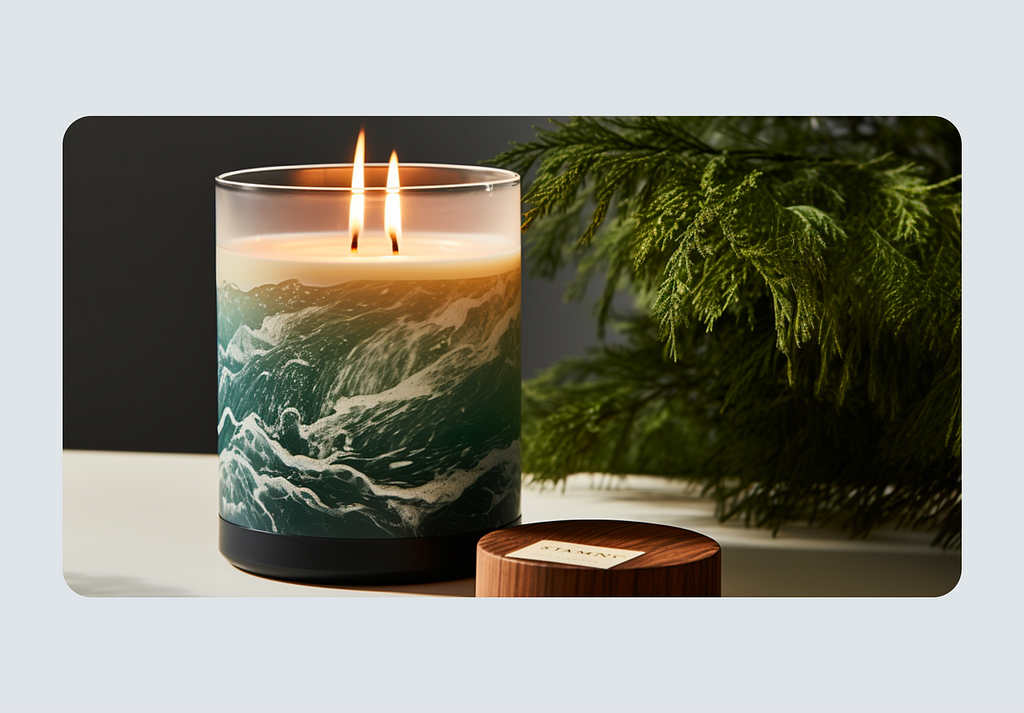 A candle with an oceanic pattern that indicates an aroma of the scene in which the movie is set