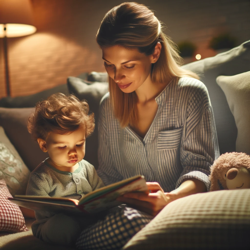 Mother and toddler bonding over a bedtime story in a tranquil setting, illustrating the essence of a pre-sleep cool-down period