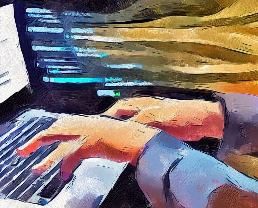 An impressionist painting showing a close up of a person typing on a laptop