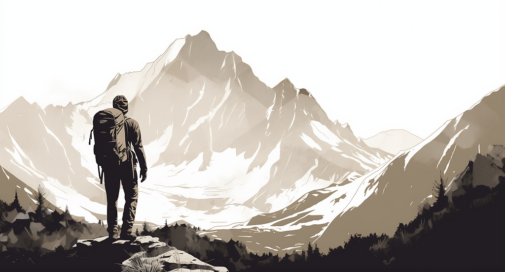 An illustration of a hiker in front of a vast landscape