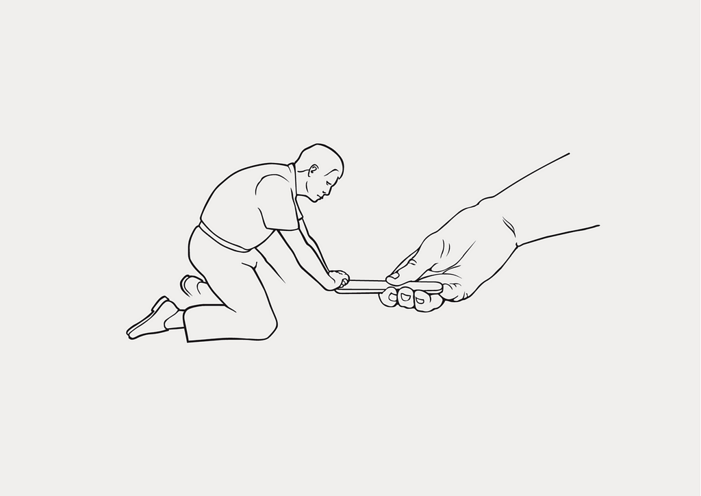 Drawing from the series ”Allheilmittel“ (2000) by Florian Jenett. It shows a person giving a heart massage to a tongue depressor being casually held by a large hand.