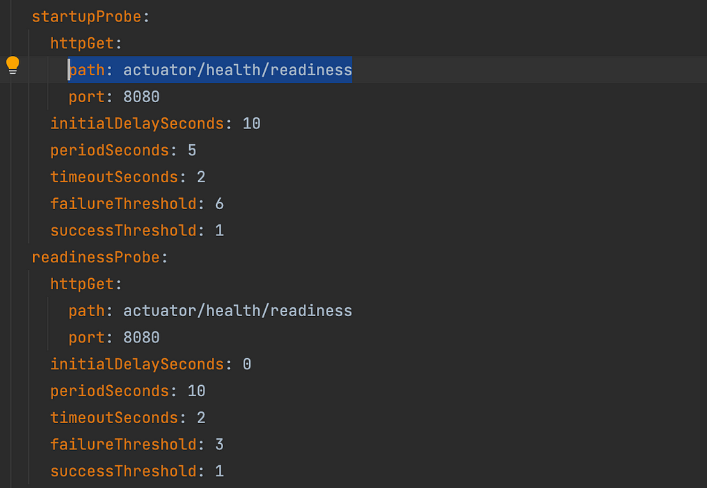 A snippet of code from deployment manifest showing startup and readiness configuration pointing at the same endpoint.