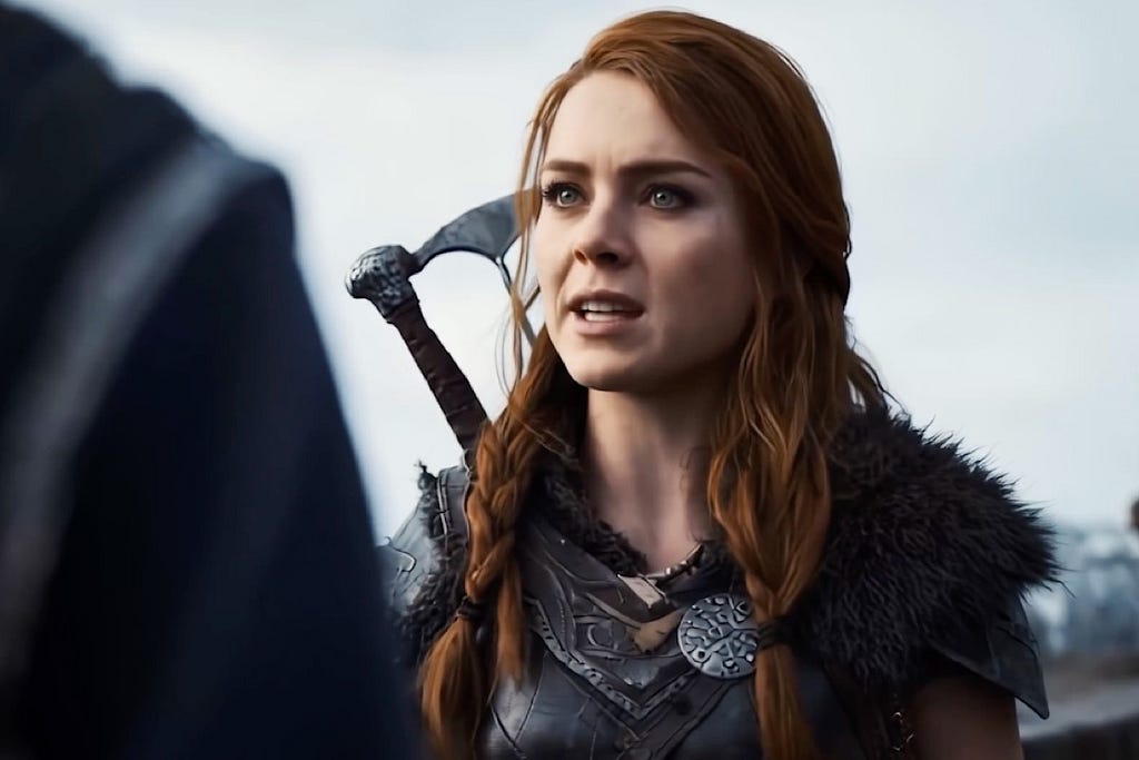 A still from the AI film short The Bride where a warrior talks to a shadowy character