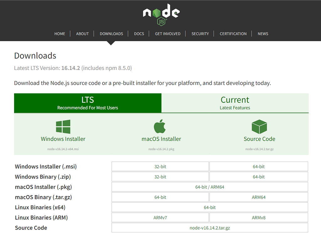 Memilih installer Node.js