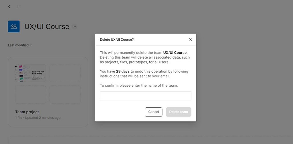 Figma interface showing a team deletion confirmation popup with warning text and input field to enter team name.