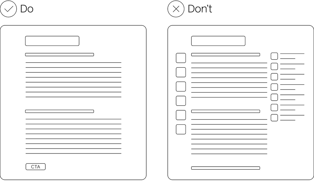 two mages of web page wireframes — Do and Don’t to illustrate the principles