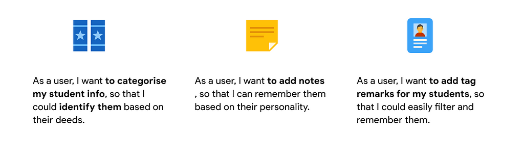 User stories for UX process with emojis for each of the three stories written