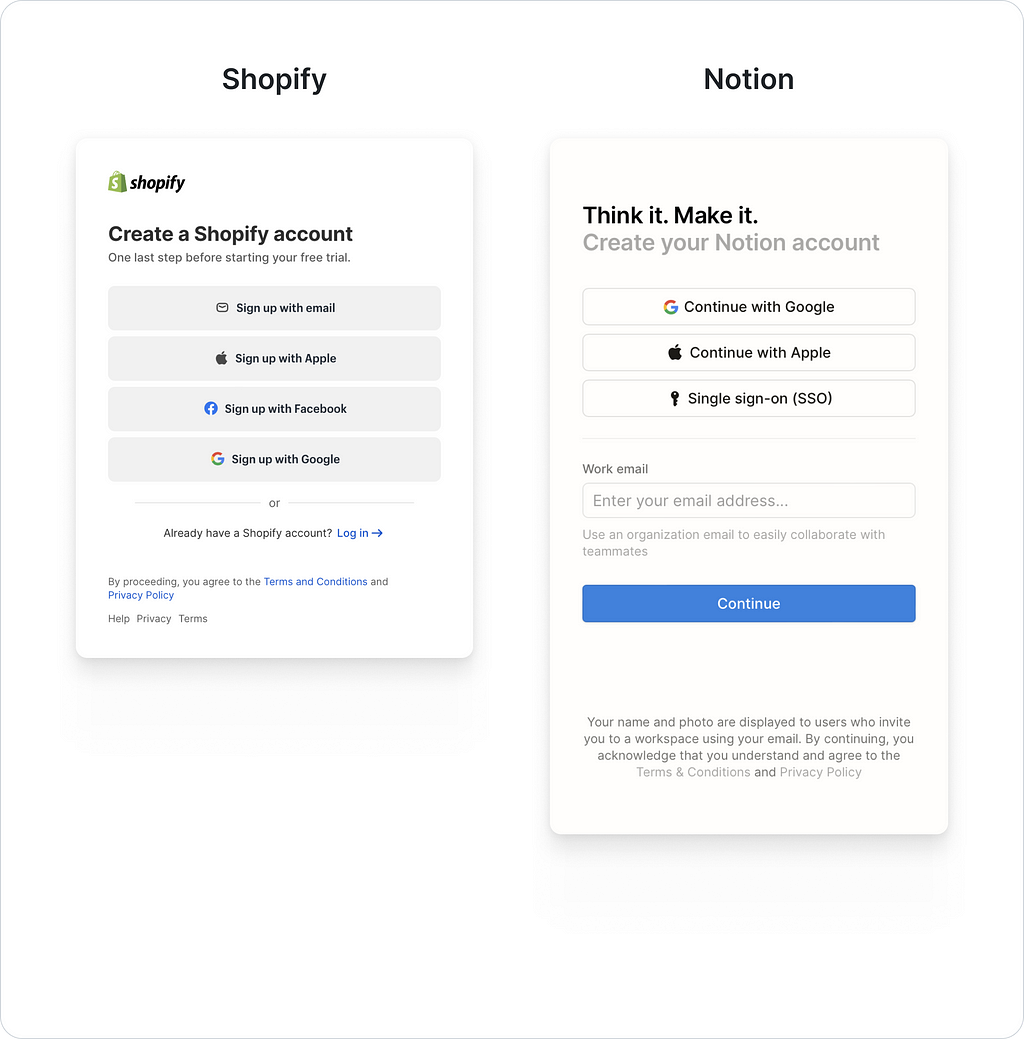 Examples of products that offer social login methods in their sign-up forms.