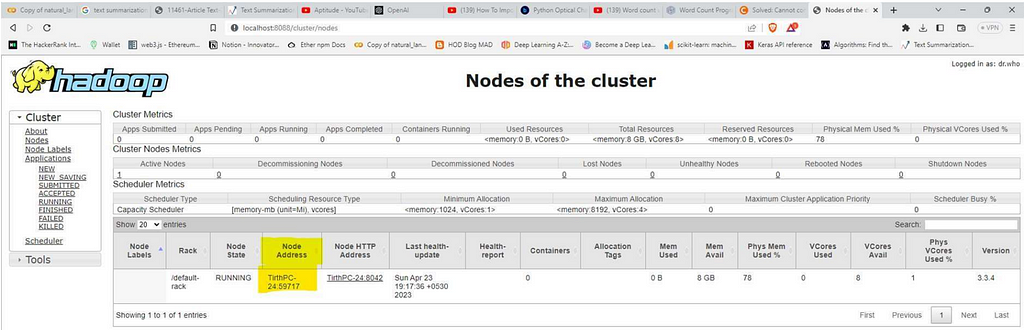 Snapshot of Nodes page of Hadoop cluster.