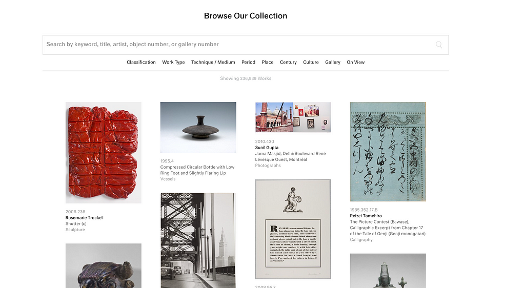 Collection of art pieces shown in a grid with a search bar on top