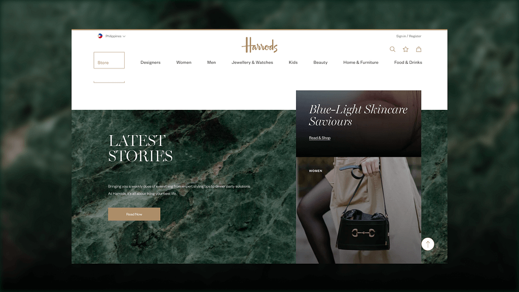 Screenshot of Harrods’ website on a green marble background