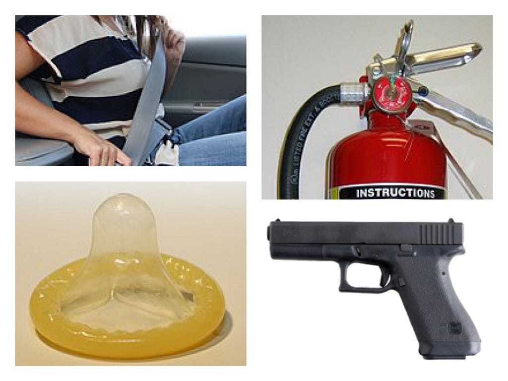 Collage images of person fitting seat belt, a fire extinguisher, a condom and a pistol.