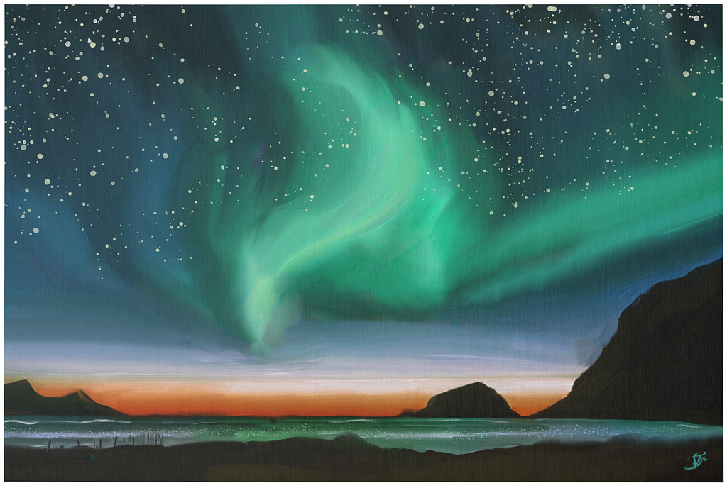 A beautiful oil painting of a green Aurora Borealis in an orange end of sunset over the sea with a starry sky. Painter : Fantabuloustef, Available for sale in Fantabuloustef Zazzle store: https://www.zazzle.com/z/a16tudjn?rf=238165789307251782